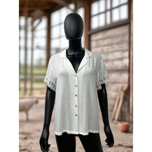 Flora Nikrooz‎ Lace Trim Top L | 100% Rayon | Short Sleeve Button Front